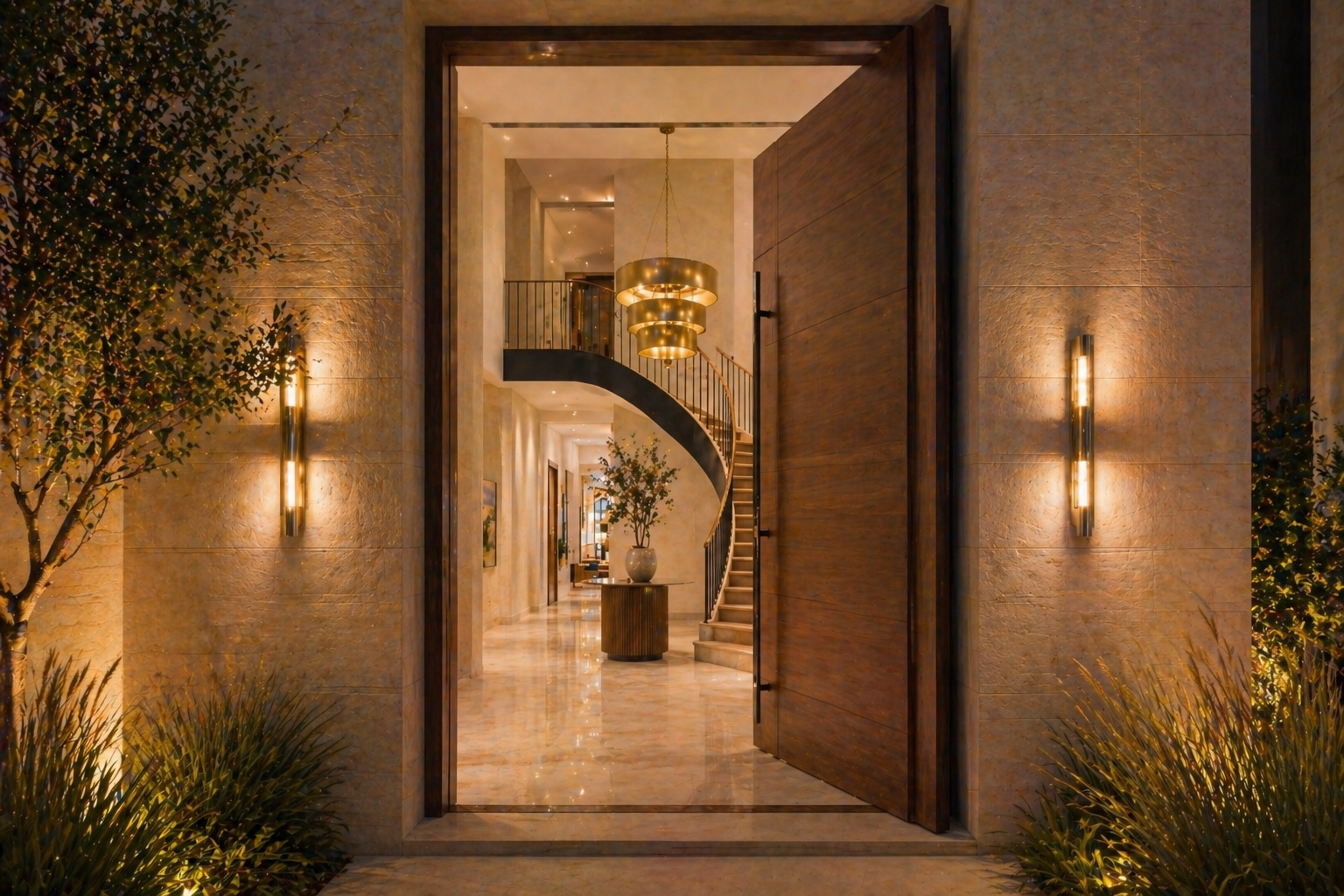 Pivot entrance door with chandelier and stone walls