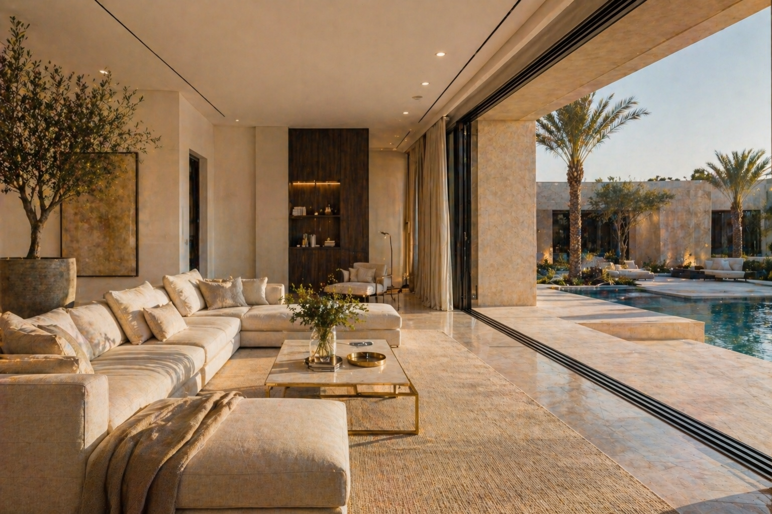 Living room with sectional sofa opening to pool terrace
